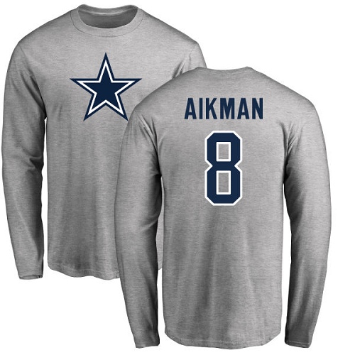NFL Nike Dallas Cowboys #8 Troy Aikman Ash Name & Number Logo Long Sleeve T-Shirt