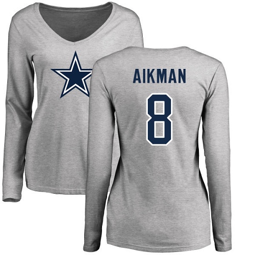 NFL Women's Nike Dallas Cowboys #8 Troy Aikman Ash Name & Number Logo Slim Fit Long Sleeve T-Shirt