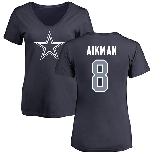 NFL Women's Nike Dallas Cowboys #8 Troy Aikman Navy Blue Name & Number Logo Slim Fit T-Shirt