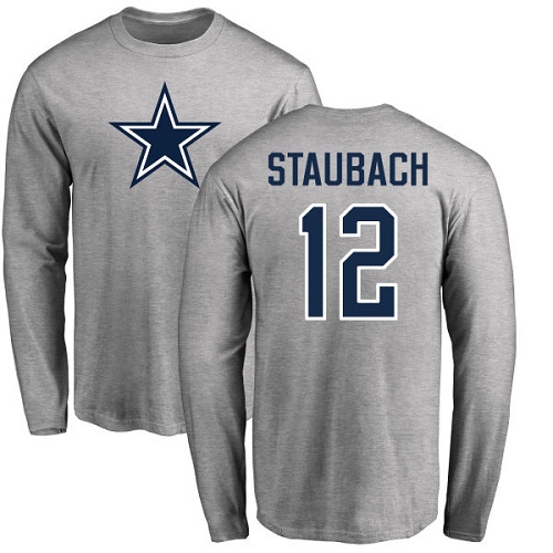 NFL Nike Dallas Cowboys #12 Roger Staubach Ash Name & Number Logo Long Sleeve T-Shirt