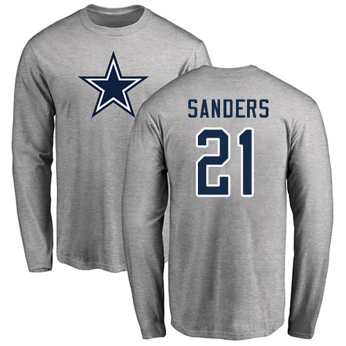 NFL Nike Dallas Cowboys #21 Deion Sanders Ash Name & Number Logo Long Sleeve T-Shirt