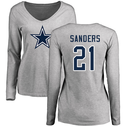 NFL Women's Nike Dallas Cowboys #21 Deion Sanders Ash Name & Number Logo Slim Fit Long Sleeve T-Shirt