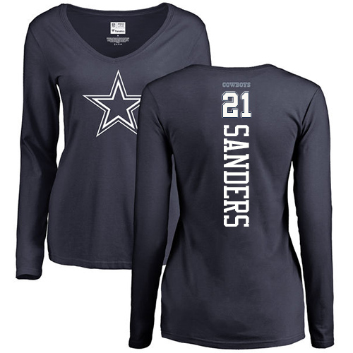 NFL Women's Nike Dallas Cowboys #21 Deion Sanders Navy Blue Backer Slim Fit Long Sleeve T-Shirt