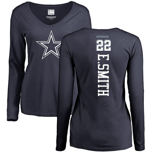 NFL Women's Nike Dallas Cowboys #22 Emmitt Smith Navy Blue Backer Slim Fit Long Sleeve T-Shirt