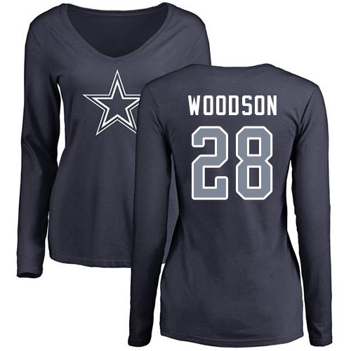 NFL Women's Nike Dallas Cowboys #28 Darren Woodson Navy Blue Name & Number Logo Slim Fit Long Sleeve T-Shirt