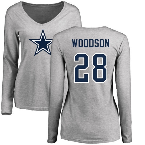 NFL Women's Nike Dallas Cowboys #28 Darren Woodson Ash Name & Number Logo Slim Fit Long Sleeve T-Shirt