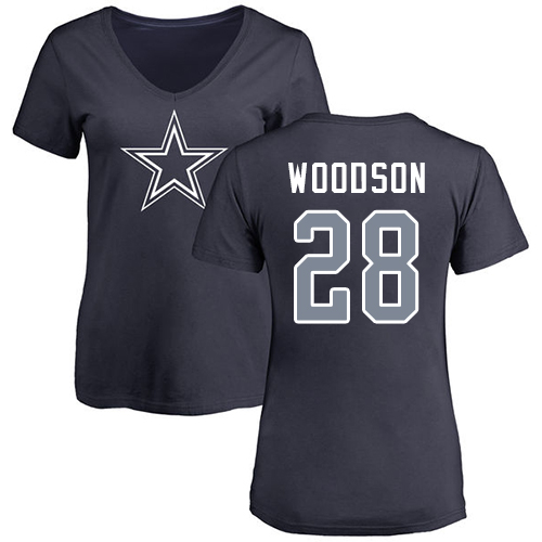 NFL Women's Nike Dallas Cowboys #28 Darren Woodson Navy Blue Name & Number Logo Slim Fit T-Shirt