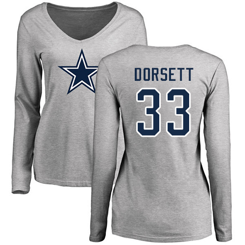 NFL Women's Nike Dallas Cowboys #33 Tony Dorsett Ash Name & Number Logo Slim Fit Long Sleeve T-Shirt