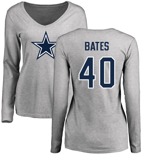 NFL Women's Nike Dallas Cowboys #40 Bill Bates Ash Name & Number Logo Slim Fit Long Sleeve T-Shirt