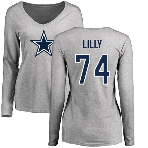 NFL Women's Nike Dallas Cowboys #74 Bob Lilly Ash Name & Number Logo Slim Fit Long Sleeve T-Shirt