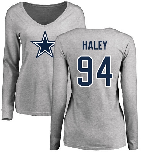 NFL Women's Nike Dallas Cowboys #94 Charles Haley Ash Name & Number Logo Slim Fit Long Sleeve T-Shirt