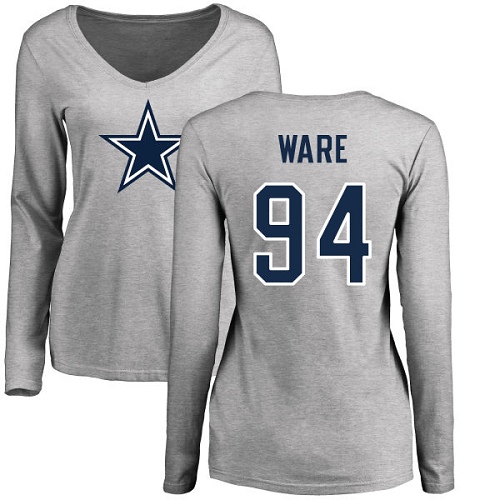 NFL Women's Nike Dallas Cowboys #94 DeMarcus Ware Ash Name & Number Logo Slim Fit Long Sleeve T-Shirt