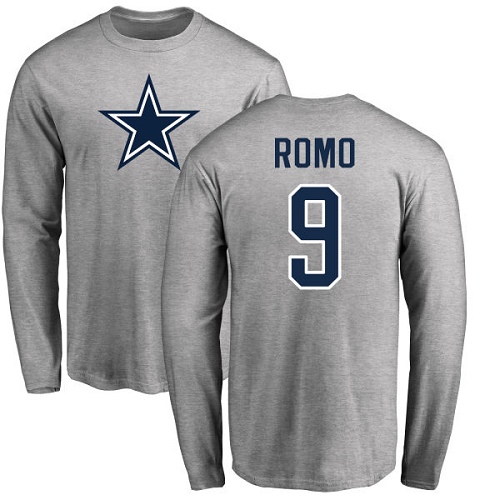 NFL Nike Dallas Cowboys #9 Tony Romo Ash Name & Number Logo Long Sleeve T-Shirt
