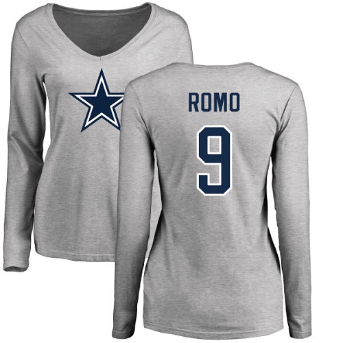 NFL Women's Nike Dallas Cowboys #9 Tony Romo Ash Name & Number Logo Slim Fit Long Sleeve T-Shirt