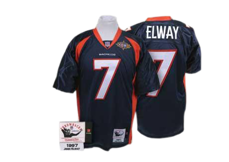 Mitchell And Ness Denver Broncos #7 John Elway Navy Blue Super Bowl Patch Authentic Throwback NFL Jersey