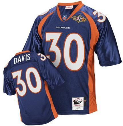 Mitchell And Ness Denver Broncos #30 Terrell Davis Navy Blue Super Bowl Patch Authentic Throwback NFL Jersey