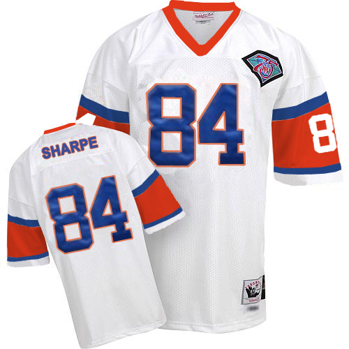 Mitchell And Ness Denver Broncos #84 Shannon Sharpe White With 75 Anniversary Patch Authentic Throwback NFL Jersey