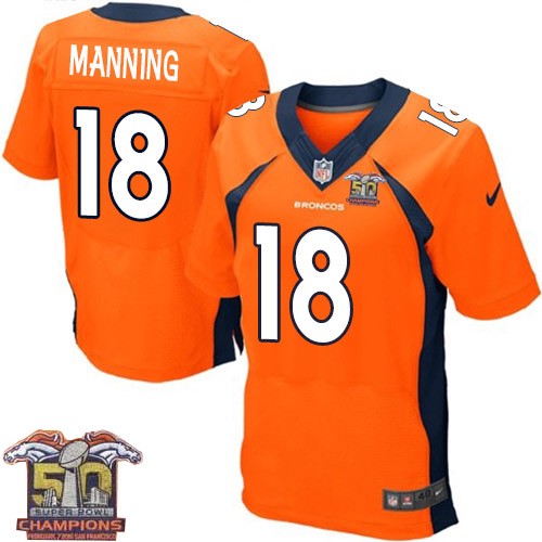 Men's Nike Denver Broncos #18 Peyton Manning Elite Orange Team Color Super Bowl 50 Champions NFL Jersey