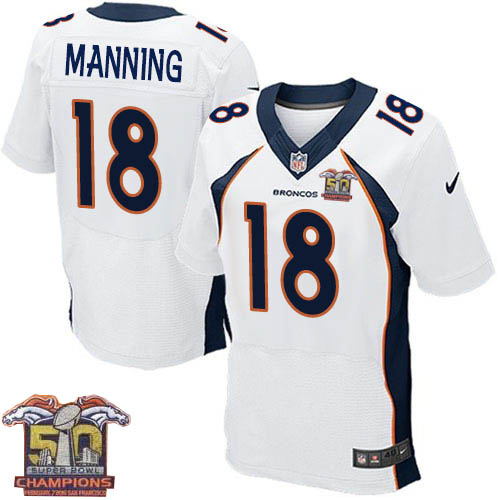 Men's Nike Denver Broncos #18 Peyton Manning Elite White Super Bowl 50 Champions NFL Jersey