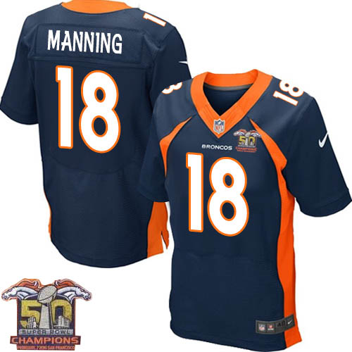 Men's Nike Denver Broncos #18 Peyton Manning Elite Navy Blue Alternate Super Bowl 50 Champions NFL Jersey