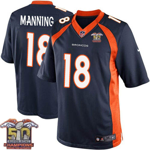 Youth Nike Denver Broncos #18 Peyton Manning Elite Navy Blue Alternate Super Bowl 50 Champions NFL Jersey
