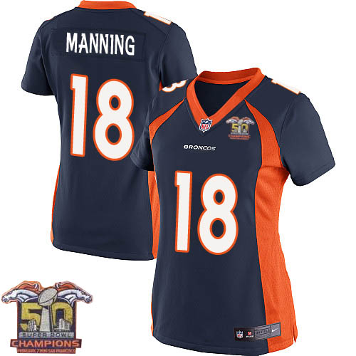 Women's Nike Denver Broncos #18 Peyton Manning Elite Navy Blue Alternate Super Bowl 50 Champions NFL Jersey