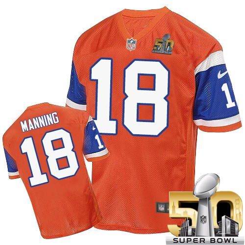 Men's Nike Denver Broncos #18 Peyton Manning Elite Orange Throwback Super Bowl 50 Bound NFL Jersey