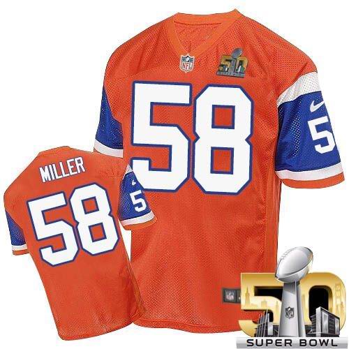 Men's Nike Denver Broncos #58 Von Miller Elite Orange Throwback Super Bowl 50 Bound NFL Jersey