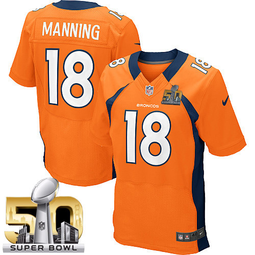 Men's Nike Denver Broncos #18 Peyton Manning Elite Orange Team Color Super Bowl 50 Bound NFL Jersey