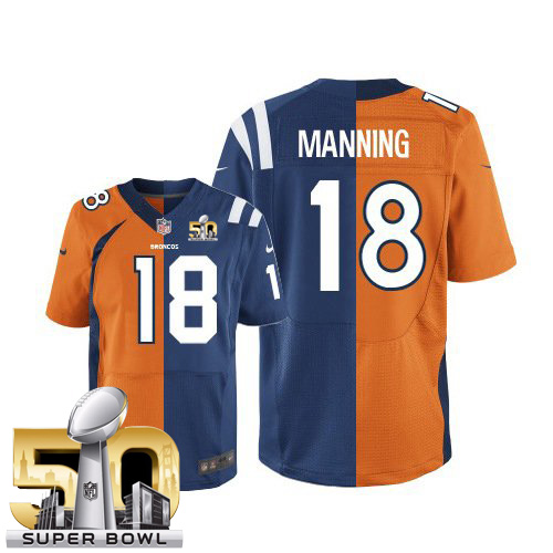 Men's Nike Denver Broncos #18 Peyton Manning Limited Navy Blue/White Split Fashion Super Bowl 50 Bound NFL Jersey