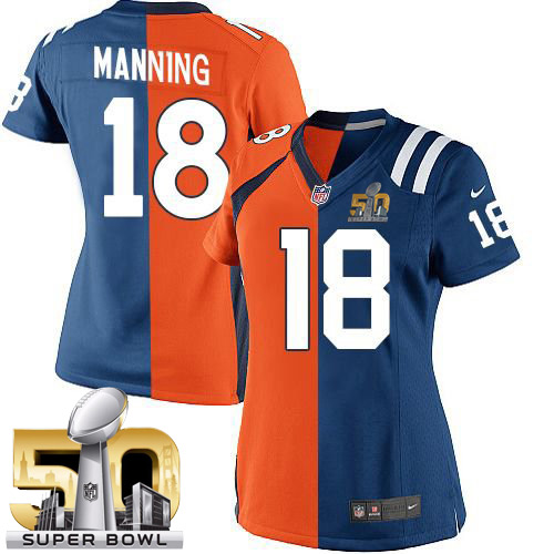 Women's Nike Denver Broncos #18 Peyton Manning Elite Navy Blue/White Split Fashion Super Bowl 50 Bound NFL Jersey