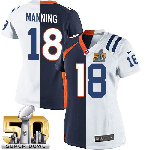 Women's Nike Denver Broncos #18 Peyton Manning Elite Orange/Royal Blue Split Fashion Super Bowl 50 Bound NFL Jersey