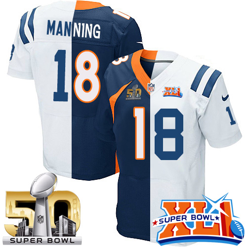Men's Nike Denver Broncos #18 Peyton Manning Elite Navy Blue/White Split Fashion Super Bowl L & Super Bowl XLI NFL Jersey