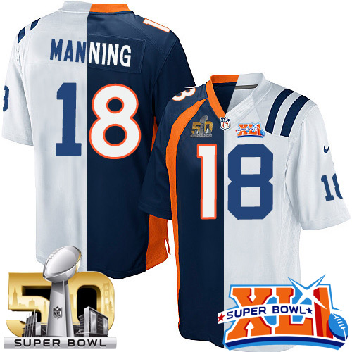 Men's Nike Denver Broncos #18 Peyton Manning Limited Navy Blue/White Split Fashion Super Bowl L & Super Bowl XLI NFL Jersey