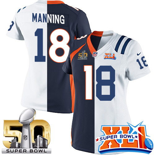 Women's Nike Denver Broncos #18 Peyton Manning Limited Navy Blue/White Split Fashion Super Bowl L & Super Bowl XLI NFL Jersey