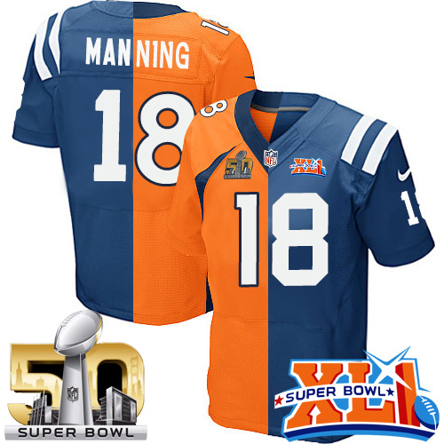 Men's Nike Denver Broncos #18 Peyton Manning Elite Orange/Royal Blue Split Fashion Super Bowl L & Super Bowl XLI NFL Jersey
