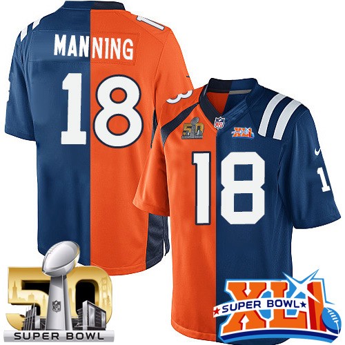 Men's Nike Denver Broncos #18 Peyton Manning Limited Orange/Royal Blue Split Fashion Super Bowl L & Super Bowl XLI NFL Jersey