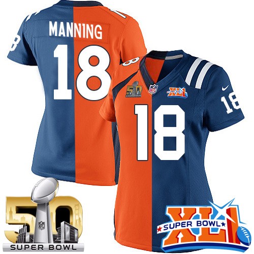 Women's Nike Denver Broncos #18 Peyton Manning Elite Orange/Royal Blue Split Fashion Super Bowl L & Super Bowl XLI NFL Jersey