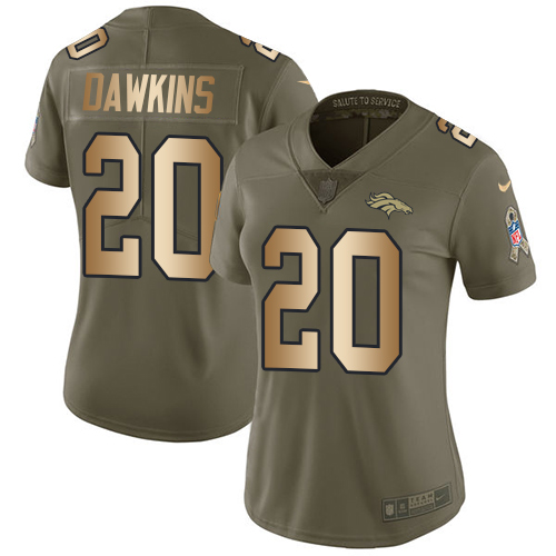 Women's Nike Denver Broncos #20 Brian Dawkins Limited Olive/Gold 2017 Salute to Service NFL Jersey