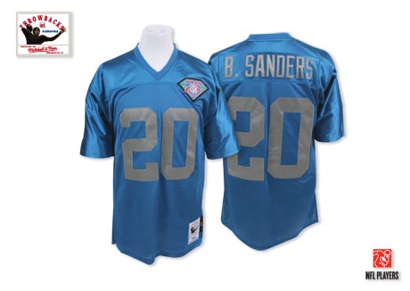 Mitchell And Ness Detroit Lions #20 Barry Sanders Blue With 75 Anniversary Patch Authentic Throwback NFL Jersey
