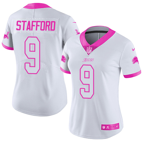 Women's Nike Detroit Lions #9 Matthew Stafford Limited White/Pink Rush Fashion NFL Jersey