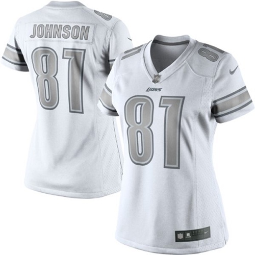 Women's Nike Detroit Lions #81 Calvin Johnson Limited White Platinum NFL Jersey