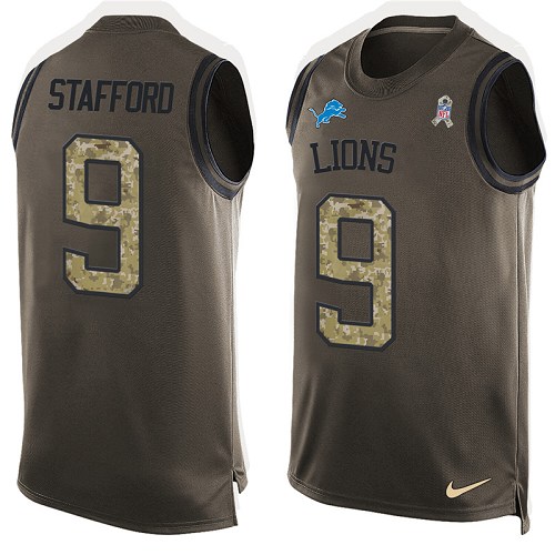 Men's Nike Detroit Lions #9 Matthew Stafford Limited Green Salute to Service Tank Top NFL Jersey