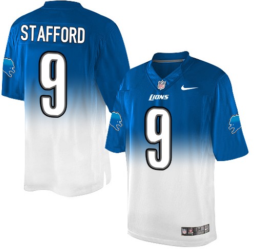 Men's Nike Detroit Lions #9 Matthew Stafford Elite Blue/White Fadeaway NFL Jersey