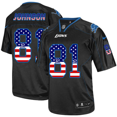 Men's Nike Detroit Lions #81 Calvin Johnson Elite Black USA Flag Fashion NFL Jersey