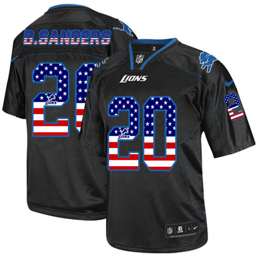 Men's Nike Detroit Lions #20 Barry Sanders Elite Black USA Flag Fashion NFL Jersey