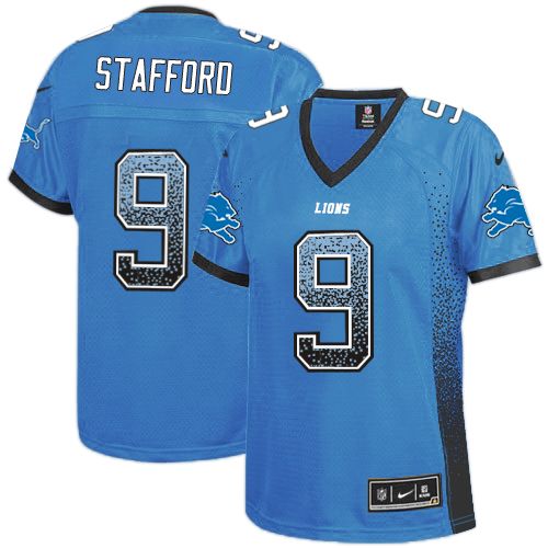 Women's Nike Detroit Lions #9 Matthew Stafford Elite Blue Drift Fashion NFL Jersey