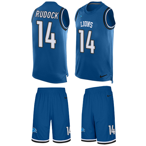Men's Nike Detroit Lions #14 Jake Rudock Limited Blue Tank Top Suit NFL Jersey