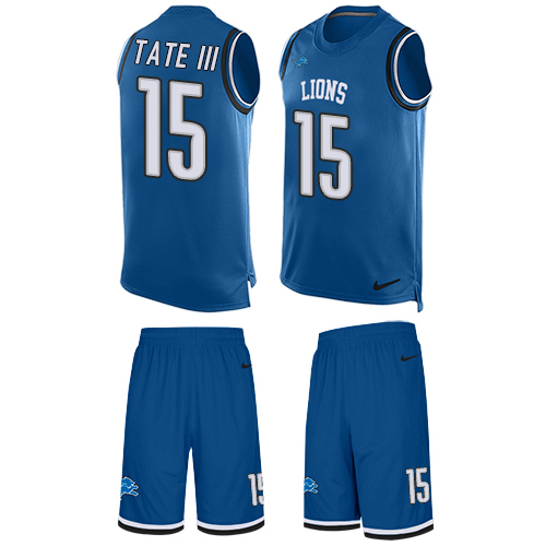 Men's Nike Detroit Lions #15 Golden Tate III Limited Blue Tank Top Suit NFL Jersey