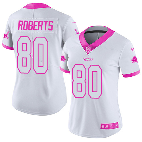 Women's Nike Detroit Lions #80 Michael Roberts Limited White/Pink Rush Fashion NFL Jersey